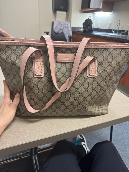 Gucci Handbags - Gucci Beige GG Canvas Tote with Pink Leather Handles